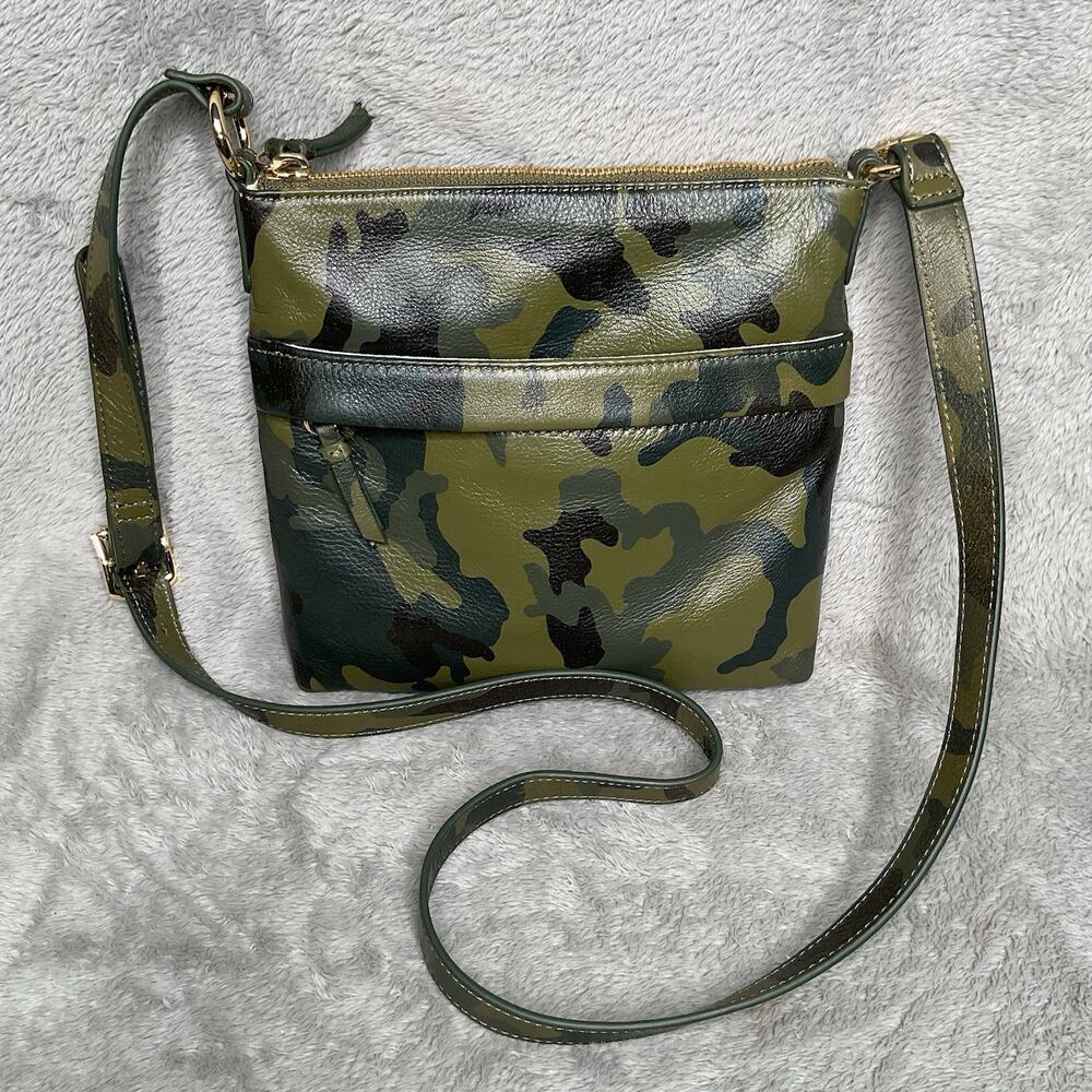 Mark & Graham Camo Leather Crossbody Bag Green Black Gold Accents Purse